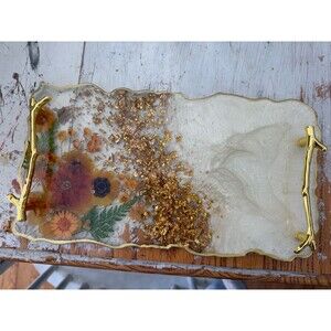 Handmade Sunflower Floral  Gold Epoxy Poured Tray Jewelry Handles